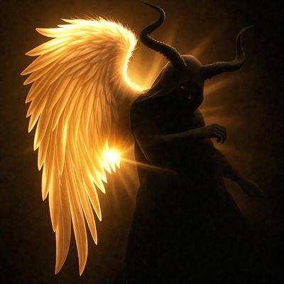 The primary subject of the image is a dark, demonic-looking creature with horns and a tail. The creature is standing in a dark, shadowy environment, with a bright light illuminating it. The visual style of the image is a combination of photo and digital art, creating a dramatic and intense atmosphere. The colors in the image are predominantly dark, with the bright light creating a contrast against the demonic figure.